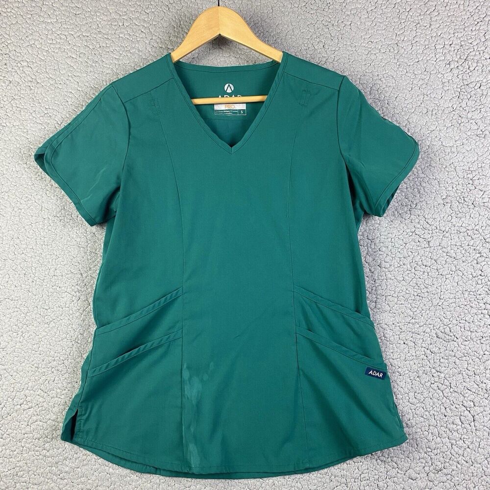 Adar Pro Women's Scrub Top Size S‎ Green Pockets Nurse *BLEACH STAINS READ*
